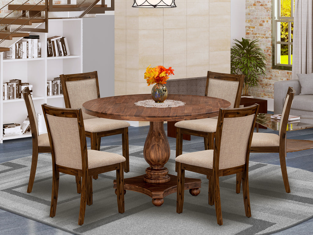 East West Furniture I2MZ7-N04 7 Piece Kitchen Table & Chairs Set Consist of a Round Dining Table with Pedestal and 6 Light Tan Linen Fabric Parson Chairs, 48x48 Inch, Antique Walnut