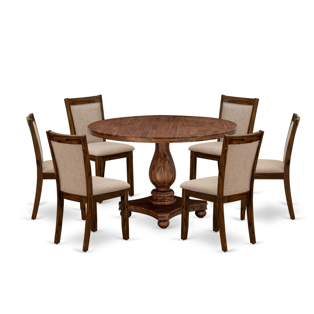 East West Furniture I2MZ7-N04 7 Piece Kitchen Table & Chairs Set Consist of a Round Dining Table with Pedestal and 6 Light Tan Linen Fabric Parson Chairs, 48x48 Inch, Antique Walnut