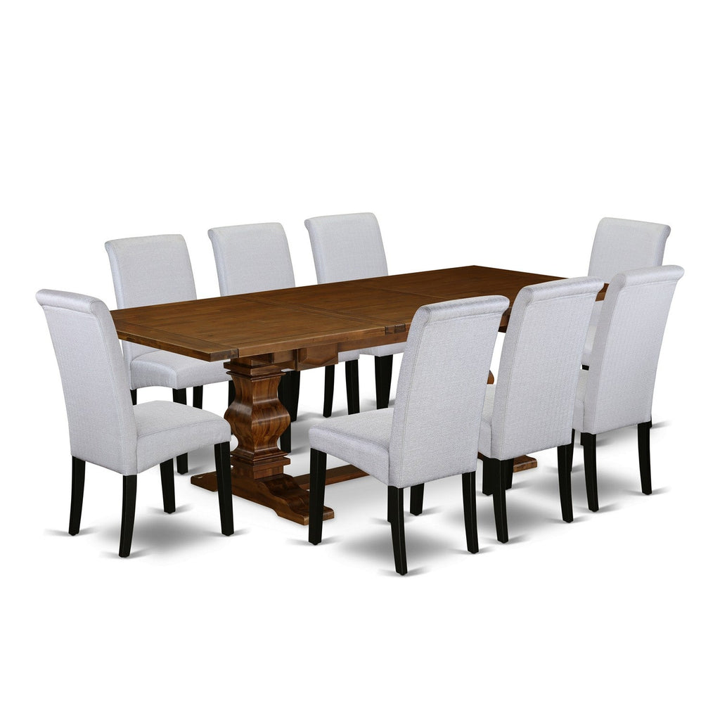 East West Furniture LABA9-81-05 9 Piece Modern Dining Table Set Includes a Rectangle Wooden Table with Butterfly Leaf and 8 Grey Linen Fabric Upholstered Chairs, 42x92 Inch, Walnut