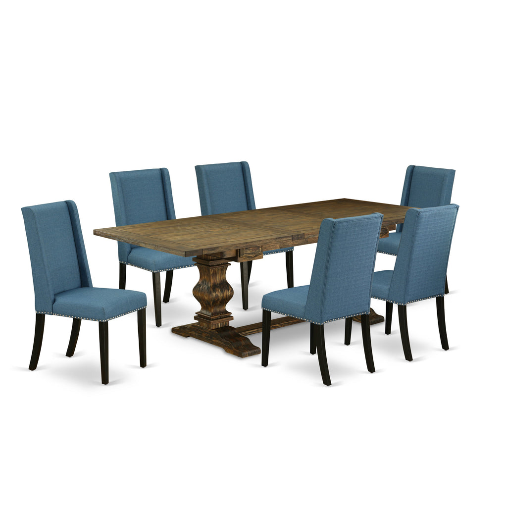 East West Furniture LAFL7-71-21 7 Piece Dinette Set Consist of a Rectangle Dining Room Table with Butterfly Leaf and 6 Blue Linen Fabric Parson Dining Chairs, 42x92 Inch, Jacobean