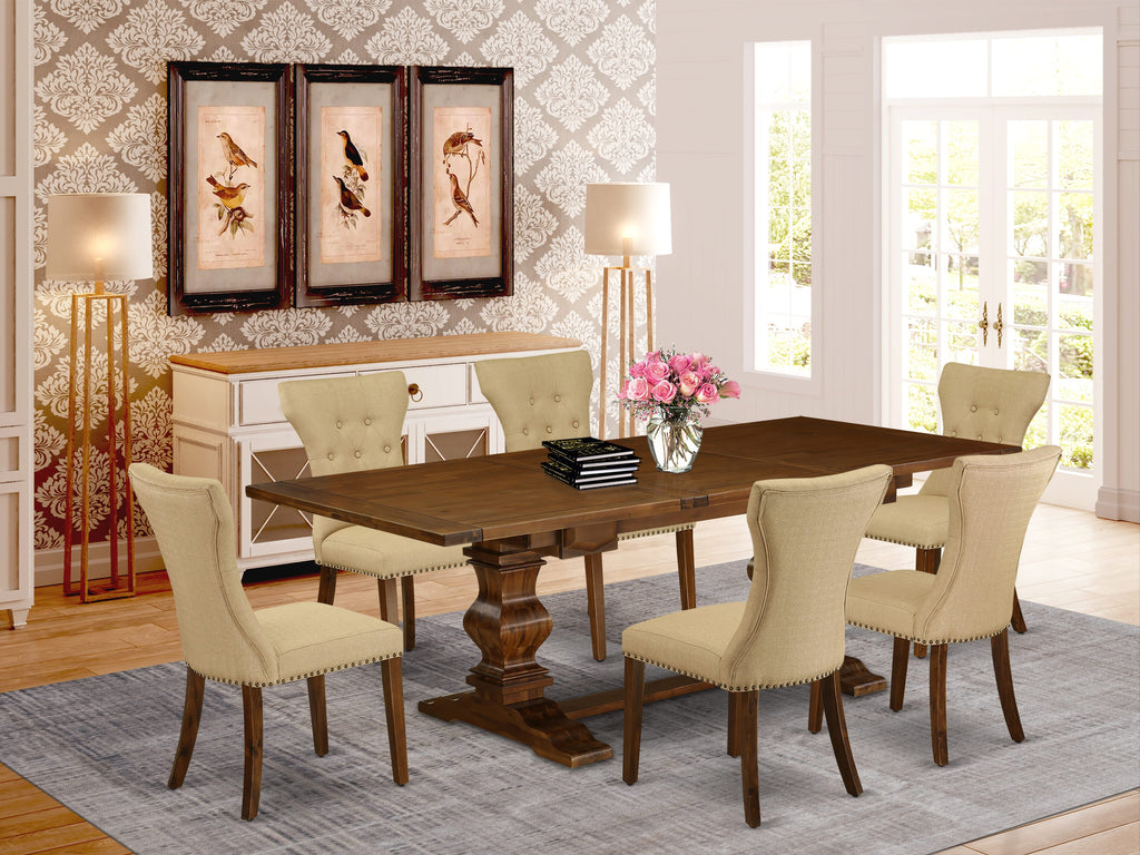 East West Furniture LAGA7-88-03 7 Piece Dining Room Table Set Consist of a Rectangle Wooden Table with Butterfly Leaf and 6 Brown Linen Fabric Upholstered Chairs, 42x92 Inch, Walnut