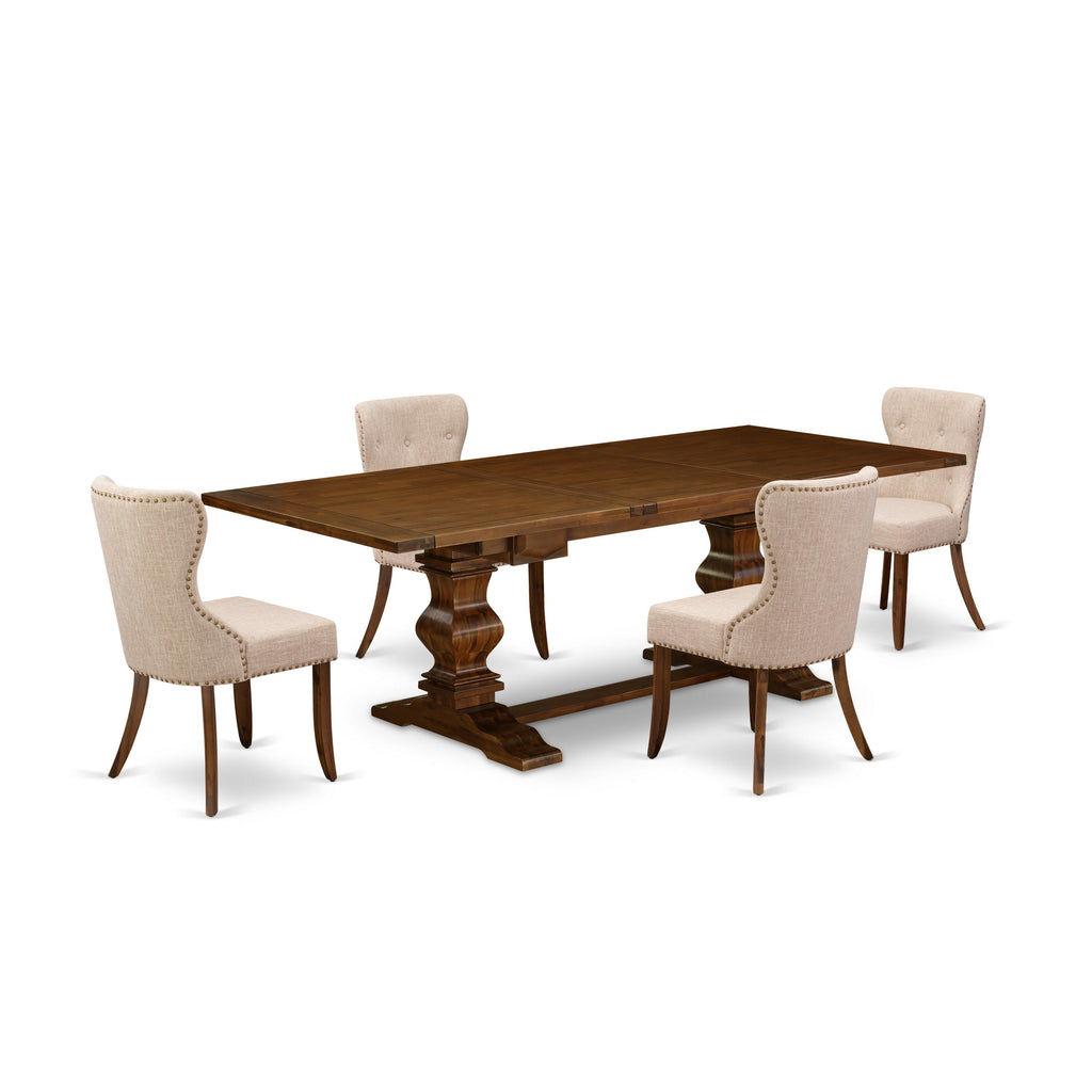 East West Furniture LASI5-88-04 5 Piece Dinette Set Includes a Rectangle Dining Room Table with Butterfly Leaf and 4 Light Tan Linen Fabric Upholstered Chairs, 42x92 Inch, Walnut