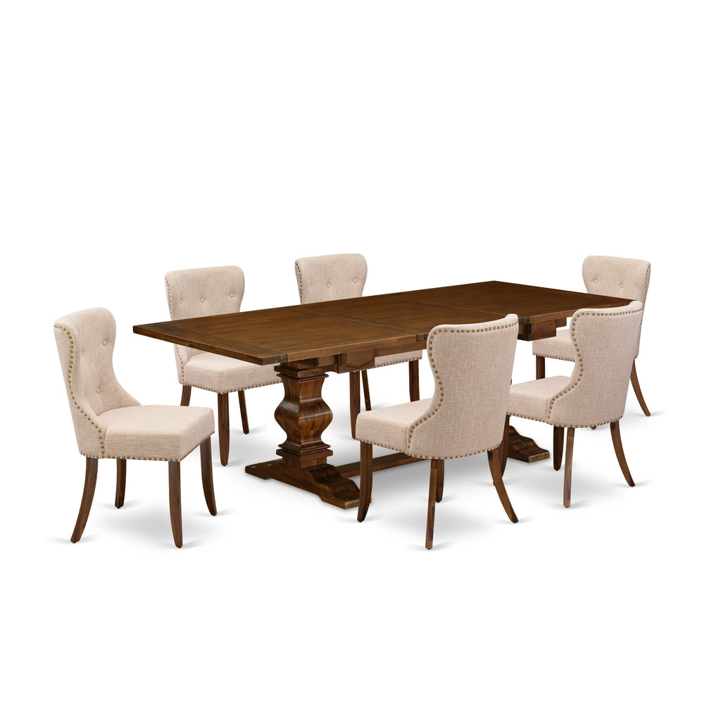 East West Furniture LASI7-88-04 7 Piece Dining Table Set Consist of a Rectangle Dinner Table with Butterfly Leaf and 6 Light Tan Linen Fabric Parson Chairs, 42x92 Inch, Walnut