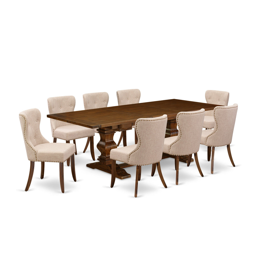 East West Furniture LASI9-88-04 9 Piece Kitchen Table Set Includes a Rectangle Dining Table with Butterfly Leaf and 8 Light Tan Linen Fabric Parson Dining Chairs, 42x92 Inch, Walnut