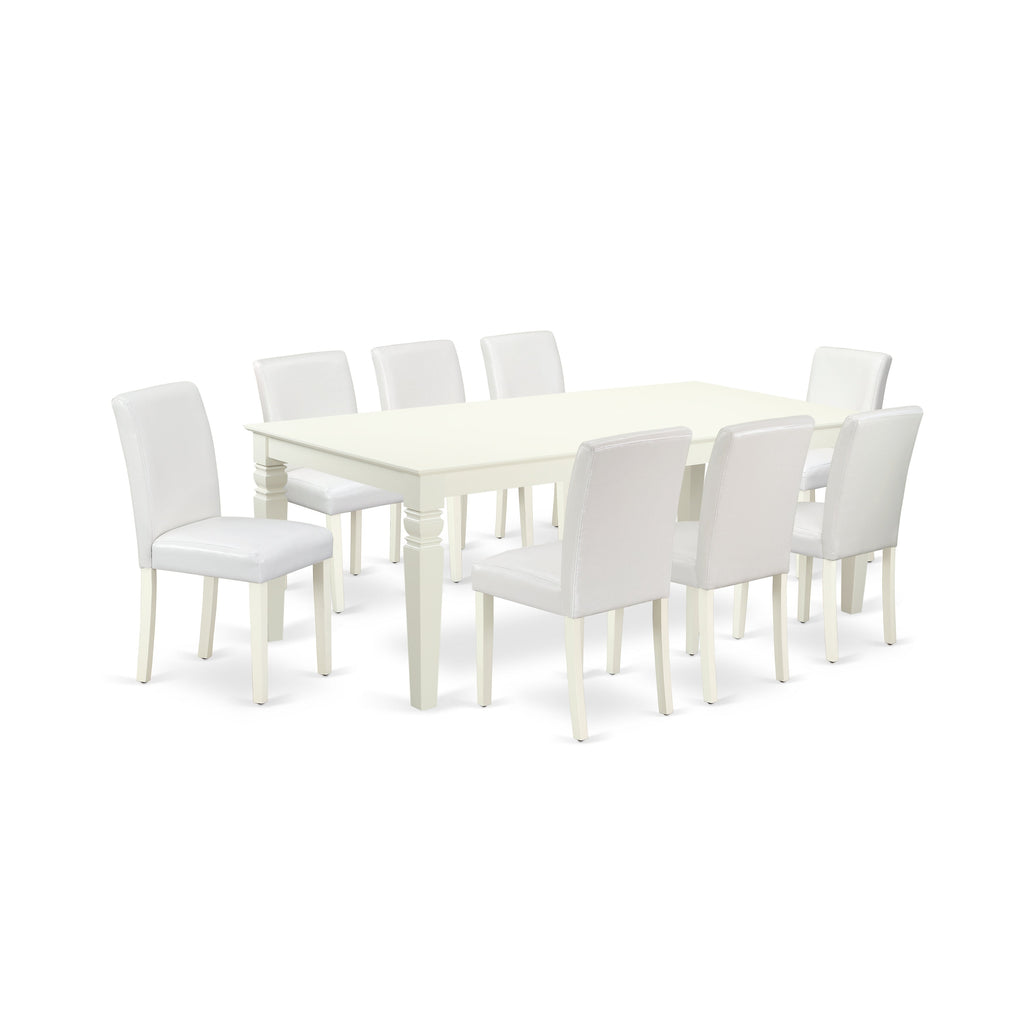 East West Furniture LGAB9-LWH-64 9 Piece Dining Table Set Includes a Rectangle Kitchen Table with Butterfly Leaf and 8 White Faux Leather Upholstered Chairs, 42x84 Inch, Linen White