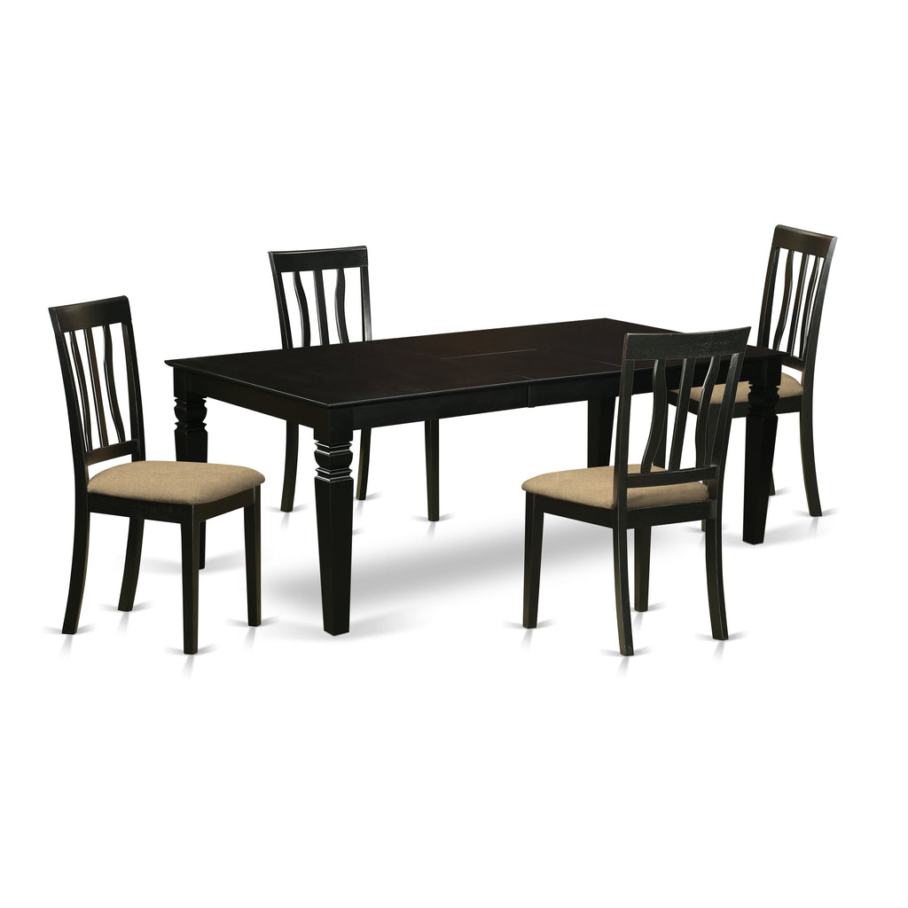 East West Furniture LGAN5-BLK-C 5 Piece Dinette Set for 4 Includes a Rectangle Dining Table with Butterfly Leaf and 4 Linen Fabric Dining Room Chairs, 42x84 Inch, Black