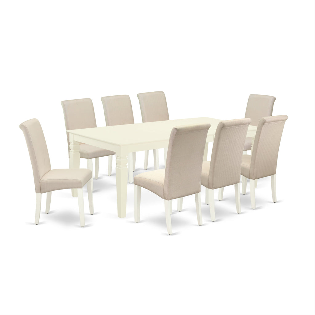 East West Furniture LGBA9-LWH-01 9 Piece Dining Room Set Includes a Rectangle Wooden Table with Butterfly Leaf and 8 Cream Linen Fabric Parson Dining Room Chairs, 42x84 Inch, Linen White