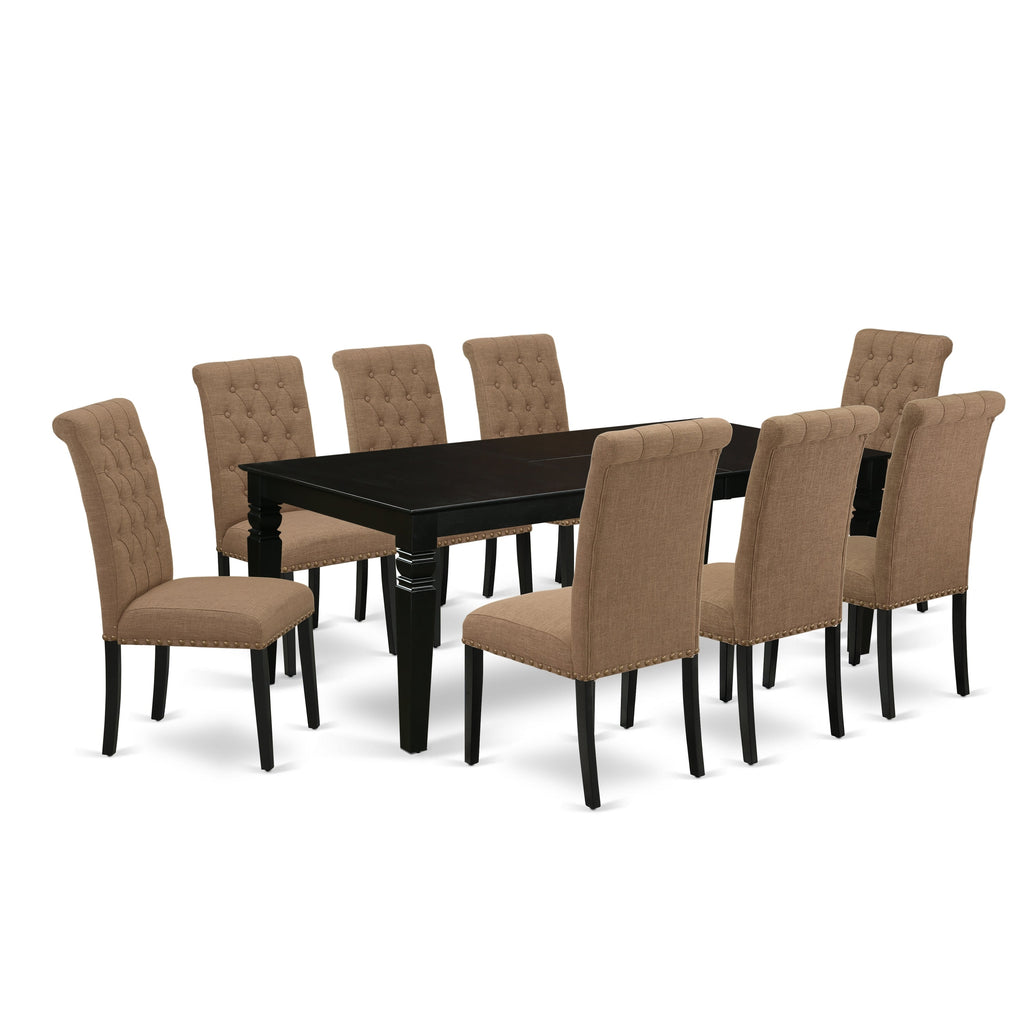 East West Furniture LGBR9-BLK-17 9 Piece Dining Room Table Set Includes a Rectangle Butterfly Leaf Kitchen Table and 8 Light Sable Linen Fabric Upholstered Chairs, 42x84 Inch, Black