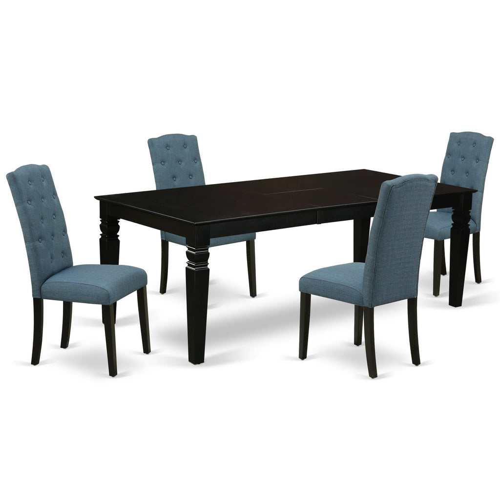 East West Furniture LGCE5-BLK-21 5 Piece Dining Table Set for 4 Includes a Rectangle Kitchen Table with Butterfly Leaf and 4 Mineral Blue Linen Fabric Parson Chairs, 42x84 Inch, Black