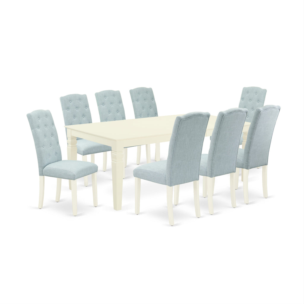 East West Furniture LGCE9-LWH-15 9 Piece Dining Room Table Set Includes a Rectangle Kitchen Table with Butterfly Leaf and 8 Baby Blue Linen Fabric Parsons Chairs, 42x84 Inch, Linen White