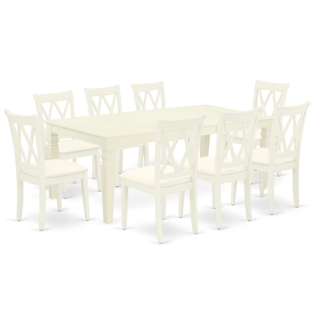 East West Furniture LGCL9-LWH-C 9 Piece Modern Dining Table Set Includes a Rectangle Wooden Table with Butterfly Leaf and 8 Linen Fabric Dining Room Chairs, 42x84 Inch, Linen White