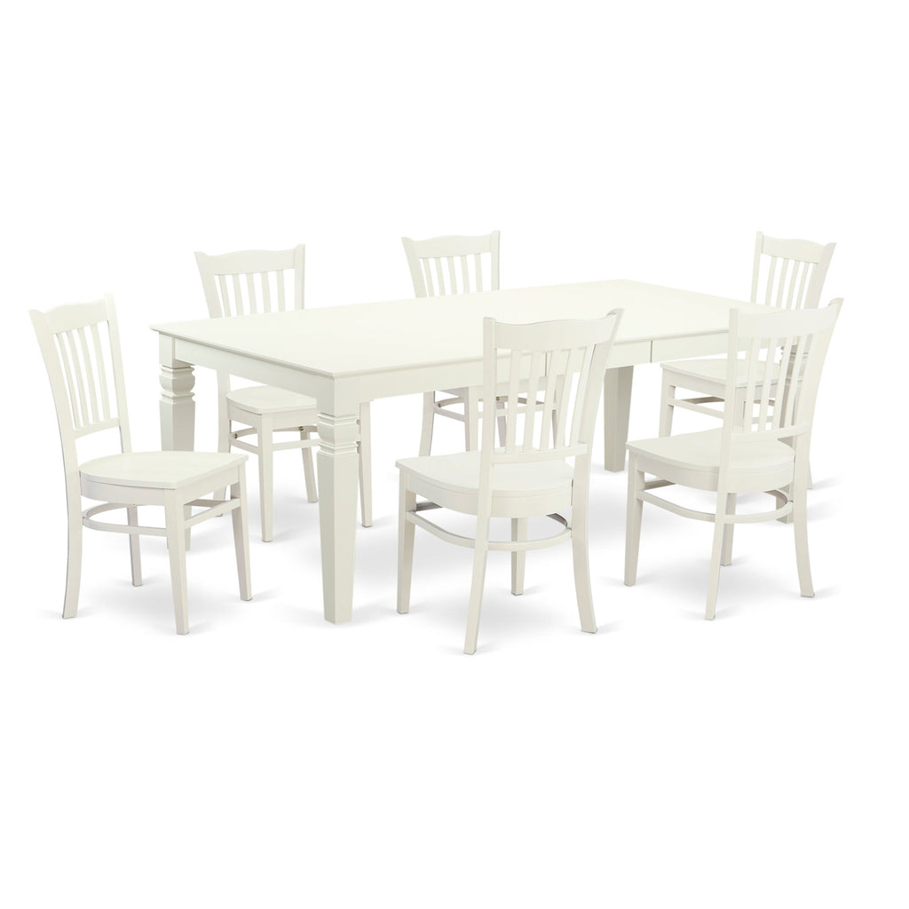 East West Furniture LGGR7-LWH-W 7 Piece Dining Table Set Consist of a Rectangle Dining Room Table with Butterfly Leaf and 6 Wood Seat Chairs, 42x84 Inch, Linen White