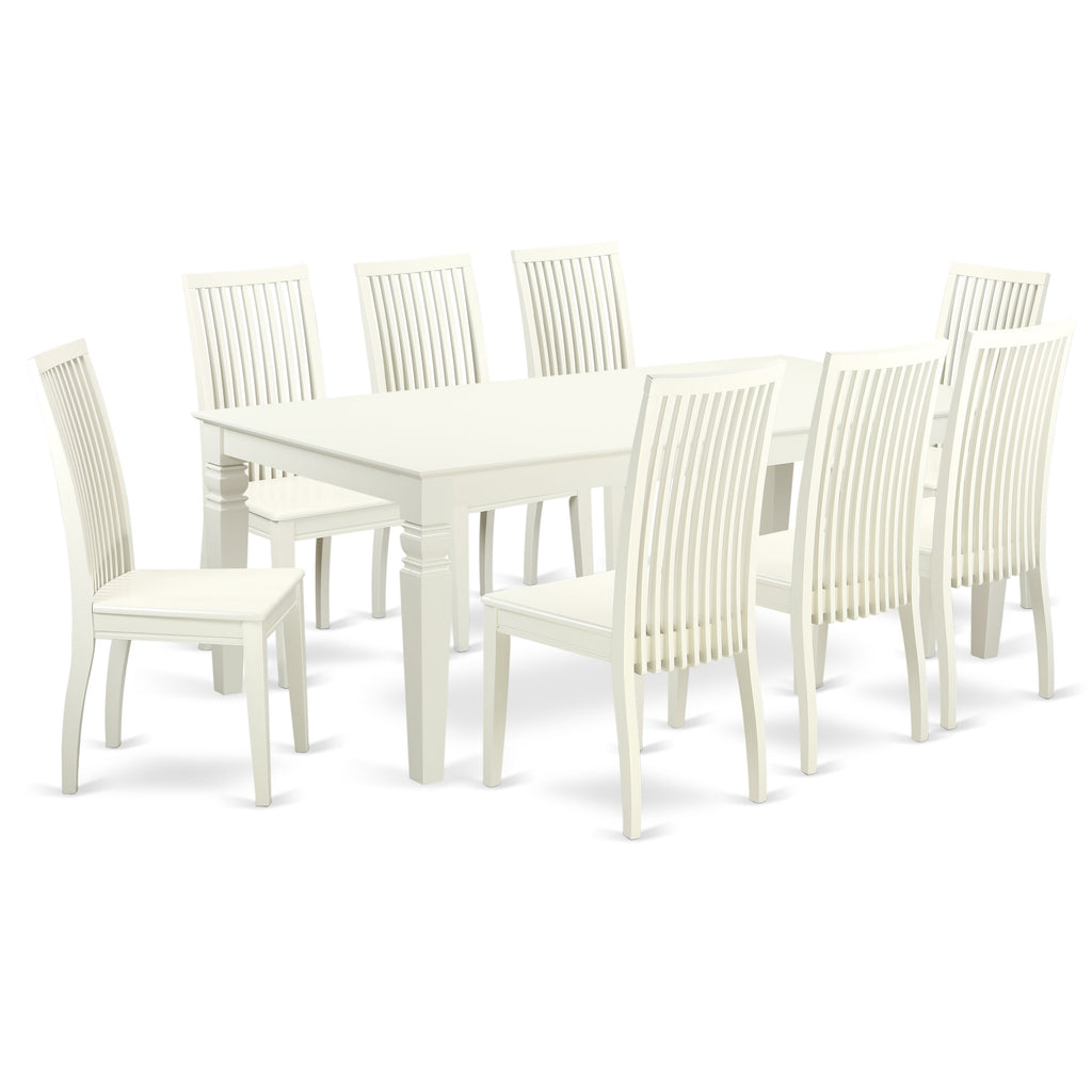 East West Furniture LGIP9-LWH-W 9 Piece Dining Table Set Includes a Rectangle Dining Room Table with Butterfly Leaf and 8 Wooden Seat Chairs, 42x84 Inch, Linen White