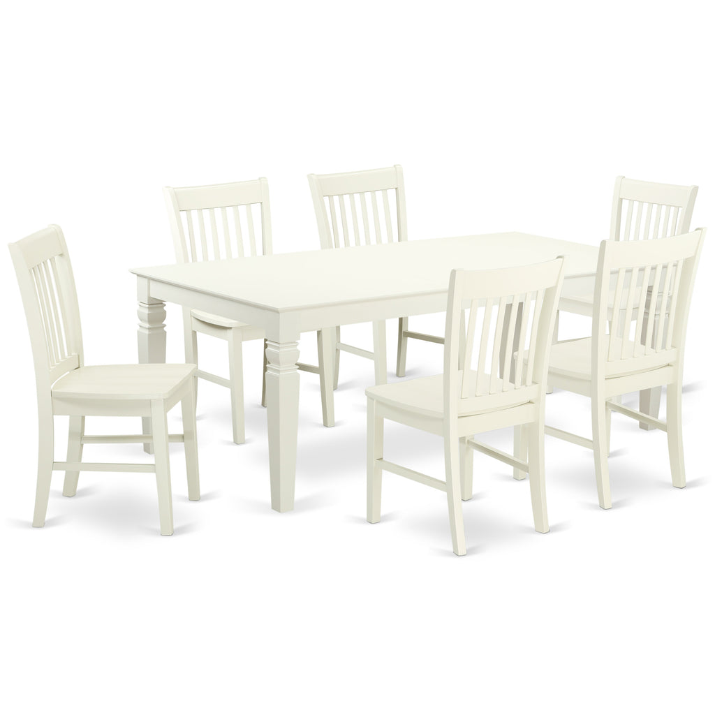 East West Furniture LGNO7-LWH-W 7 Piece Dining Table Set Consist of a Rectangle Dining Room Table with Butterfly Leaf and 6 Wooden Seat Chairs, 42x84 Inch, Linen White