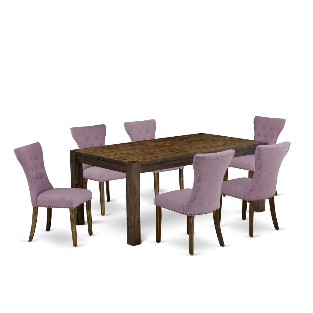 East West Furniture LMGA7-77-40 7 Piece Dining Room Table Set Consist of a Rectangle Rustic Wood Kitchen Table and 6 Dahlia Linen Fabric Parson Dining Chairs, 40x72 Inch, Jacobean