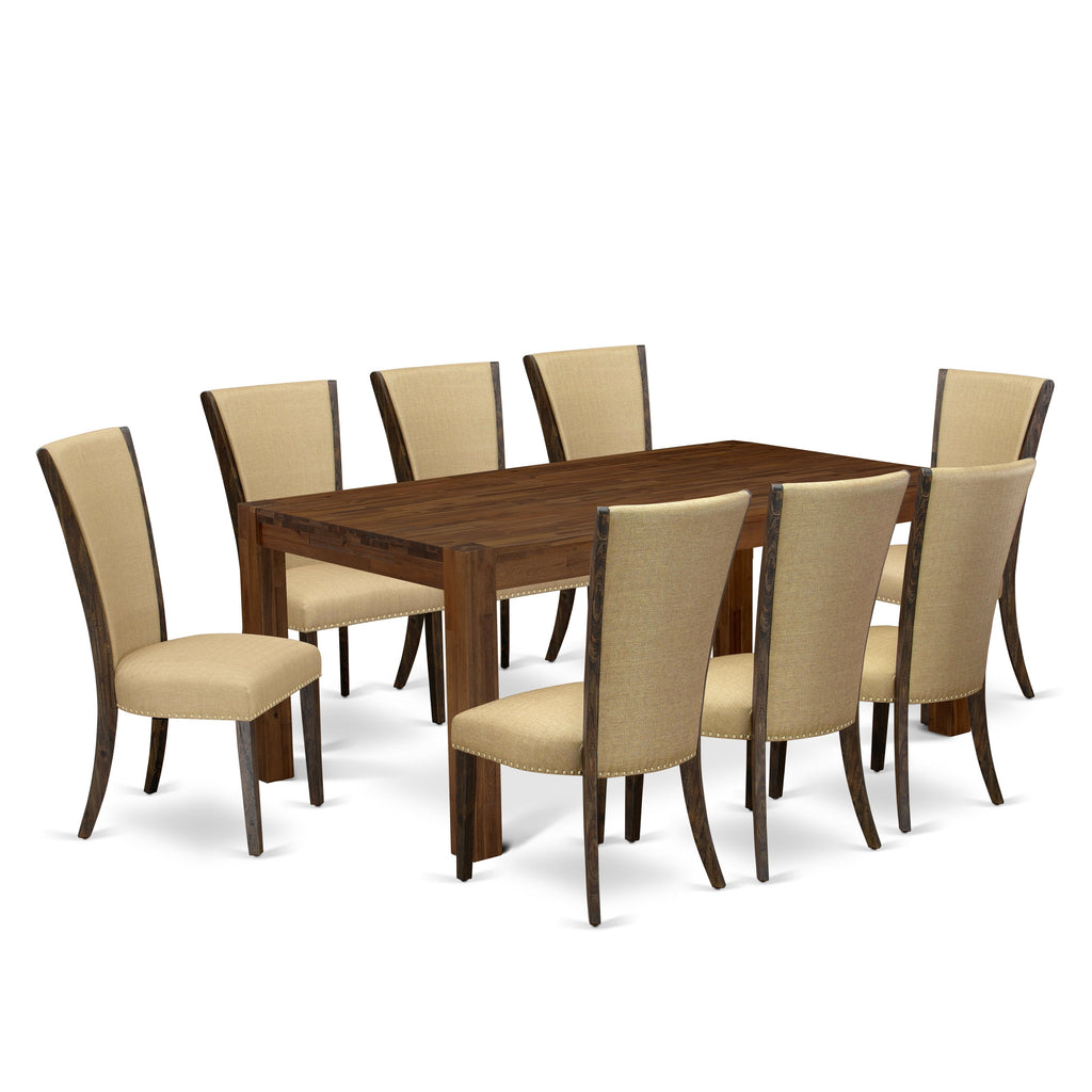 East West Furniture LMVE9-77-03 9 Piece Dining Table Set Includes a Rectangle Rustic Wood Kitchen Table and 8 Brown Linen Fabric Parson Dining Chairs, 40x72 Inch, Jacobean