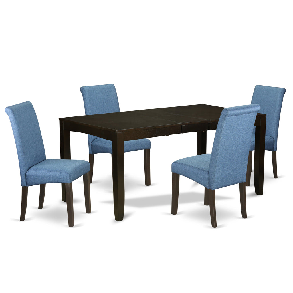 East West Furniture LYBA5-CAP-21 5 Piece Dining Table Set Includes a Rectangle Wooden Table with Butterfly Leaf and 4 Blue Color Linen Fabric Upholstered Chairs, 36x66 Inch, Cappuccino