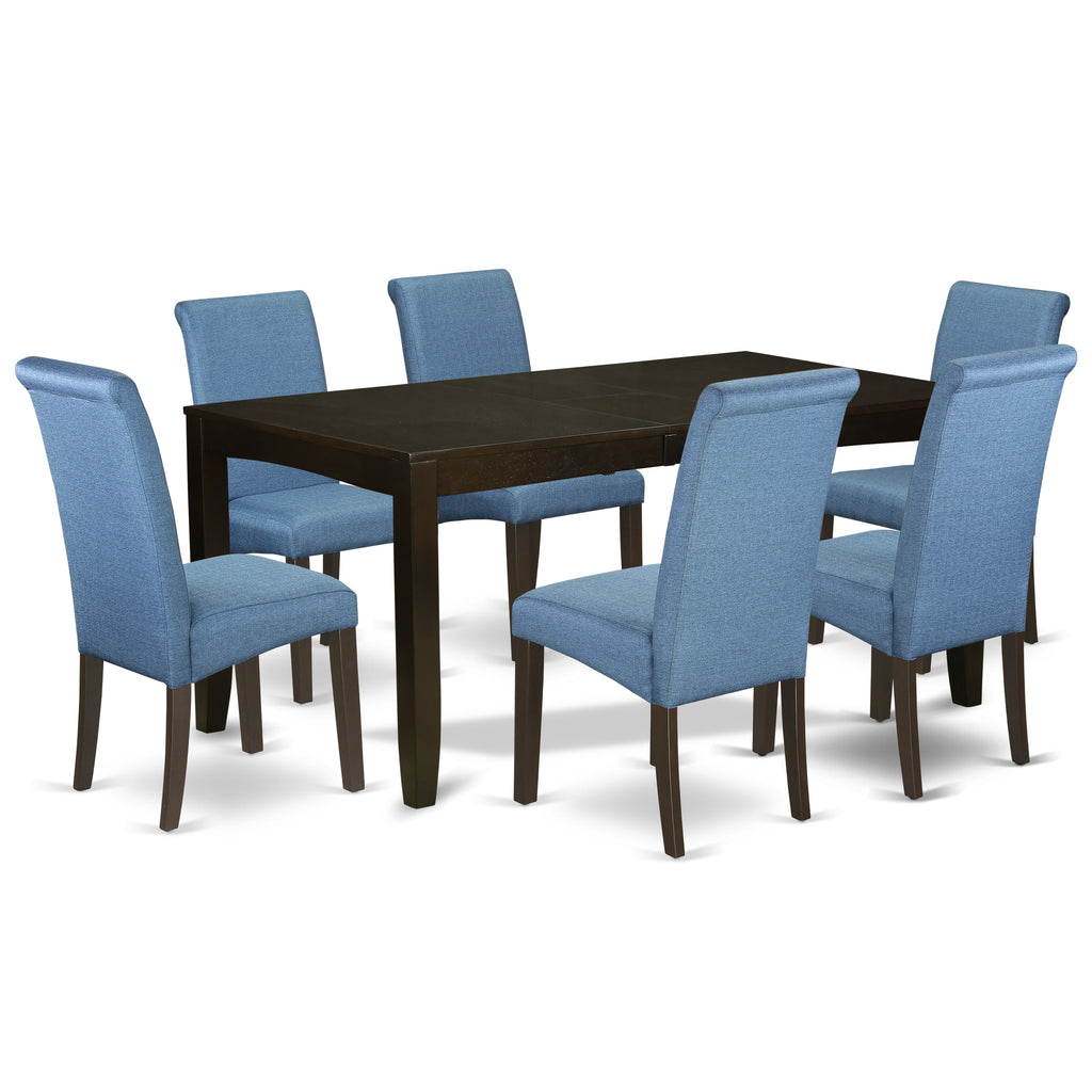 East West Furniture LYBA7-CAP-21 7 Piece Dinette Set Consist of a Rectangle Dining Room Table with Butterfly Leaf and 6 Blue Color Linen Fabric Upholstered Chairs, 36x66 Inch, Cappuccino