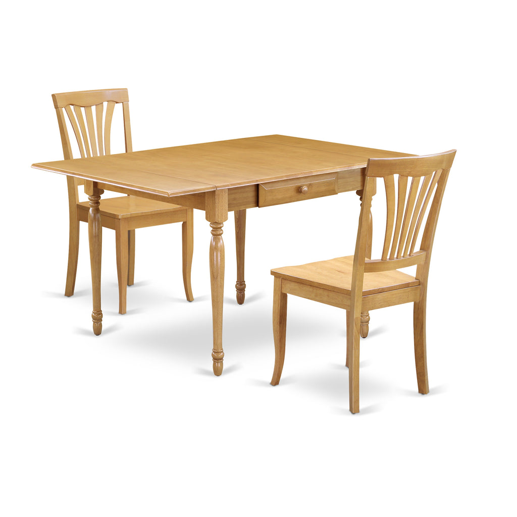 East West Furniture MZAV3-OAK-W 3 Piece Dining Room Table Set  Contains a Rectangle Kitchen Table with Dropleaf and 2 Dining Chairs, 36x54 Inch, Oak