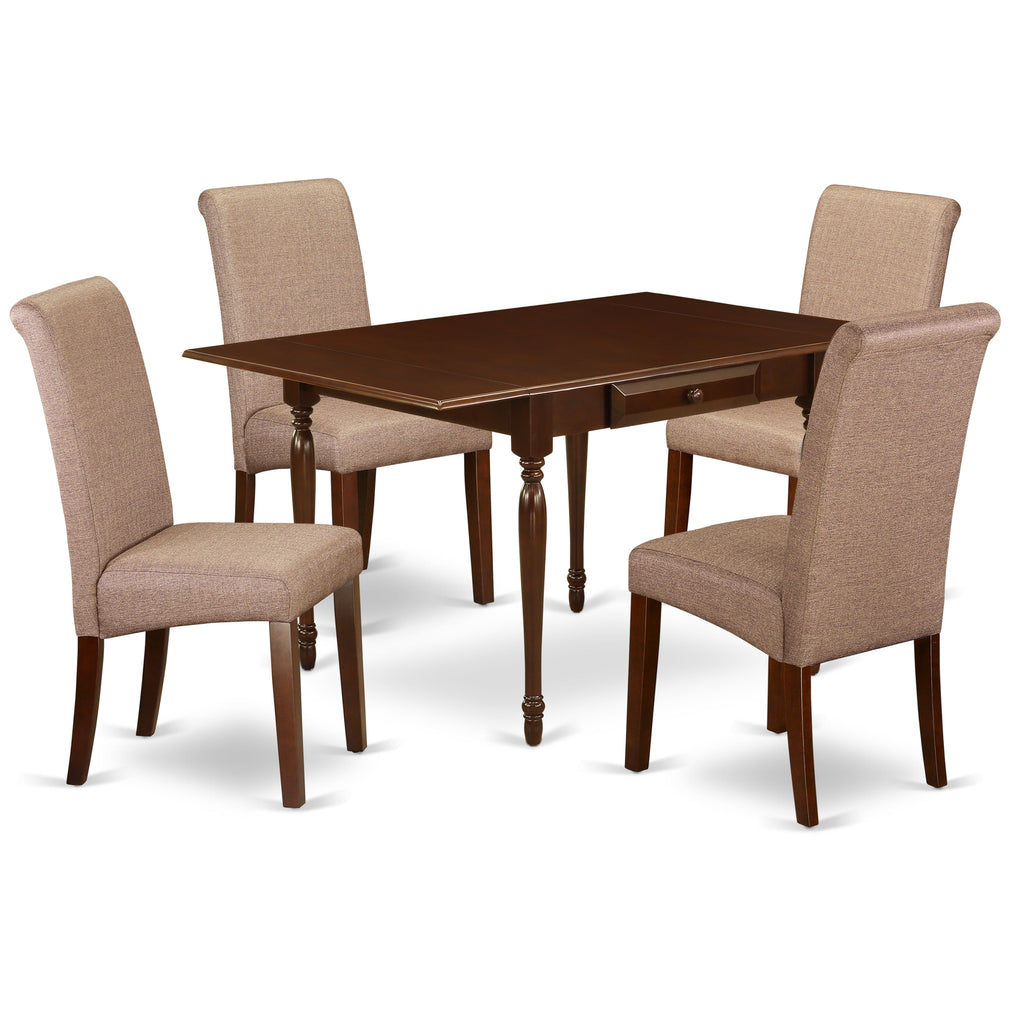East West Furniture MZBA5-MAH-18 5 Piece Dining Table Set for 4 Includes a Rectangle Kitchen Table with Dropleaf and 4 Brown Linen Linen Fabric Upholstered Chairs, 36x54 Inch, Mahogany