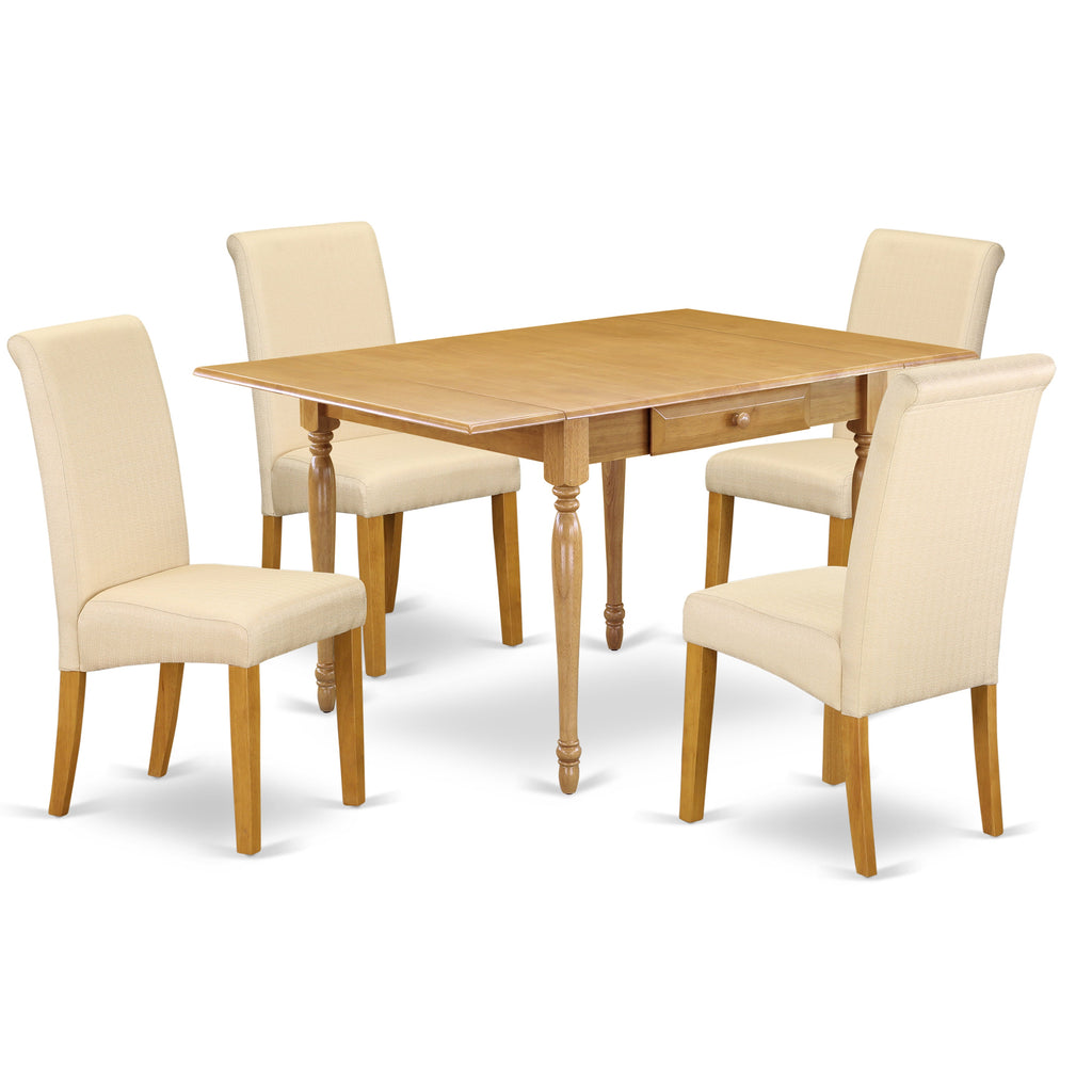East West Furniture MZBA5-OAK-02 5 Piece Kitchen Table Set for 4 Includes a Rectangle Dining Room Table with Dropleaf and 4 Light Beige Linen Fabric Parsons Chairs, 36x54 Inch, Oak