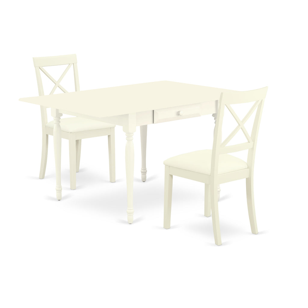 East West Furniture MZBO3-LWH-LC 3 Piece Dining Room Table Set  Contains a Rectangle Kitchen Table with Dropleaf and 2 Faux Leather Upholstered Dining Chairs, 36x54 Inch, Linen White