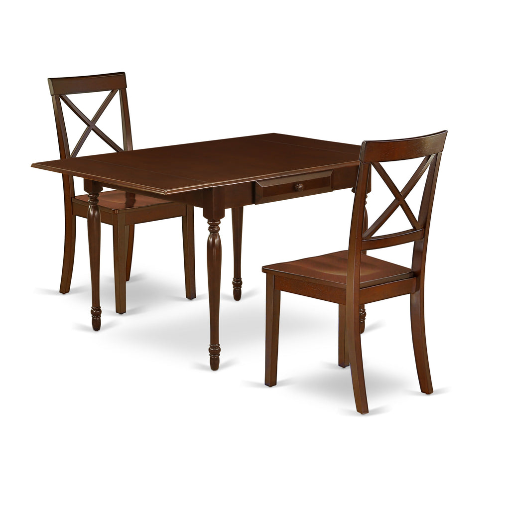 East West Furniture MZBO3-MAH-W 3 Piece Kitchen Table & Chairs Set Contains a Rectangle Dining Room Table with Dropleaf and 2 Dining Chairs, 36x54 Inch, Mahogany