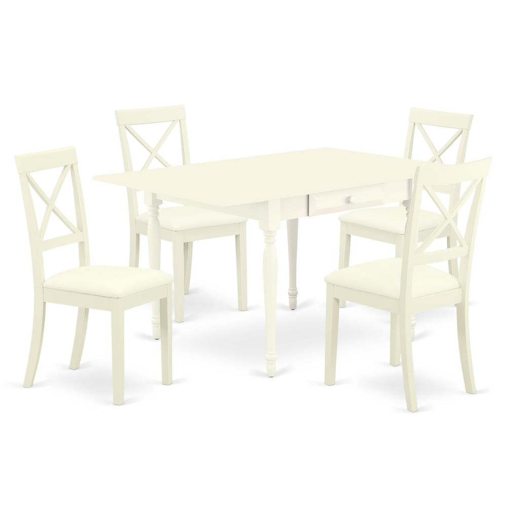 East West Furniture MZBO5-LWH-LC 5 Piece Kitchen Table & Chairs Set Includes a Rectangle Dining Room Table with Dropleaf and 4 Faux Leather Upholstered Chairs, 36x54 Inch, Linen White