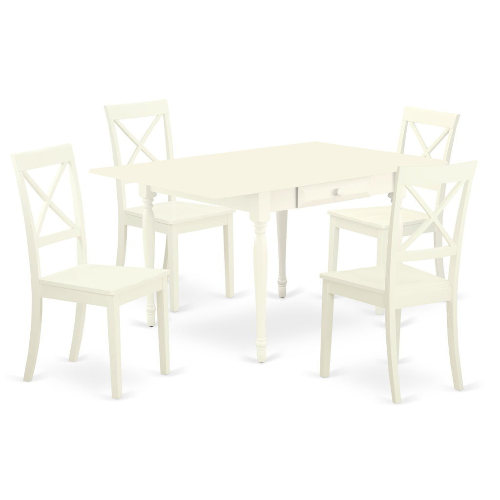East West Furniture MZBO5-LWH-W 5 Piece Dining Set Includes a Rectangle Dining Room Table with Dropleaf and 4 Wood Seat Chairs, 36x54 Inch, Linen White