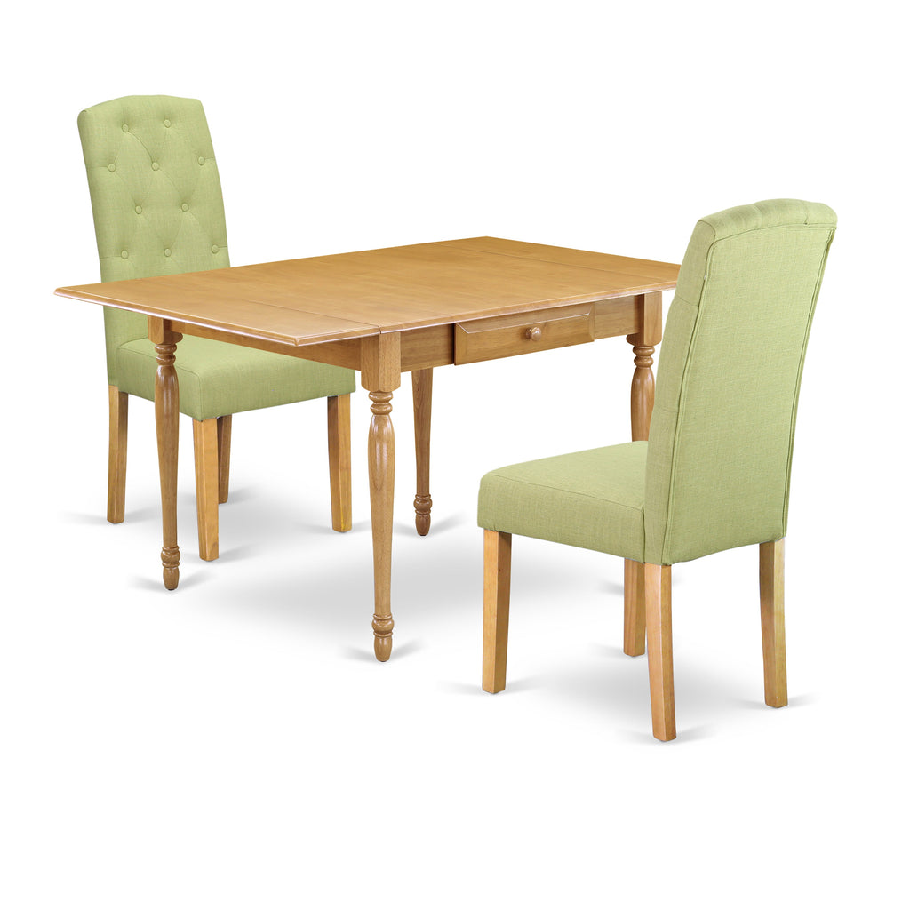 East West Furniture MZCE3-OAK-07 3 Piece Modern Dining Table Set Contains a Rectangle Wooden Table with Dropleaf and 2 Limelight Linen Fabric Parsons Dining Chairs, 36x54 Inch, Oak