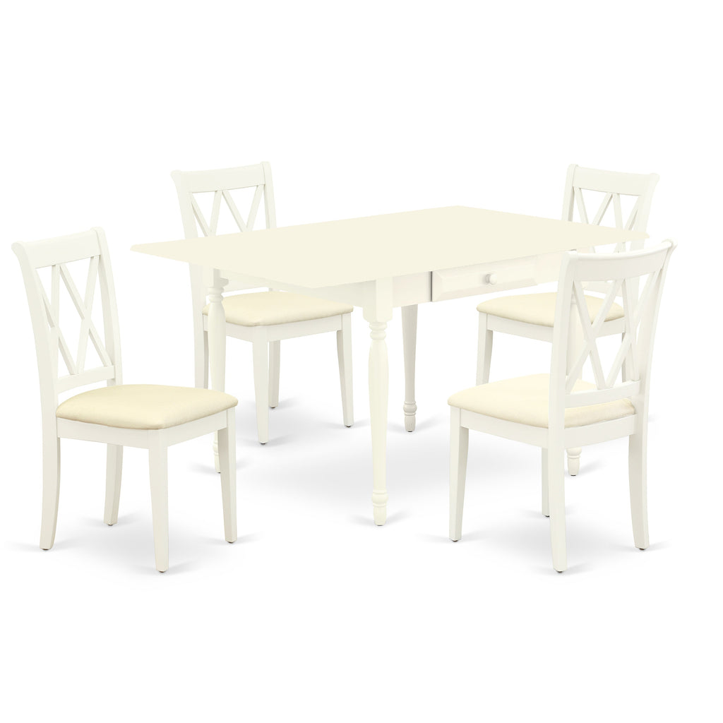 East West Furniture MZCL5-LWH-C 5 Piece Kitchen Table Set for 4 Includes a Rectangle Dining Room Table with Dropleaf and 4 Linen Fabric Upholstered Dining Chairs, 36x54 Inch, Linen White
