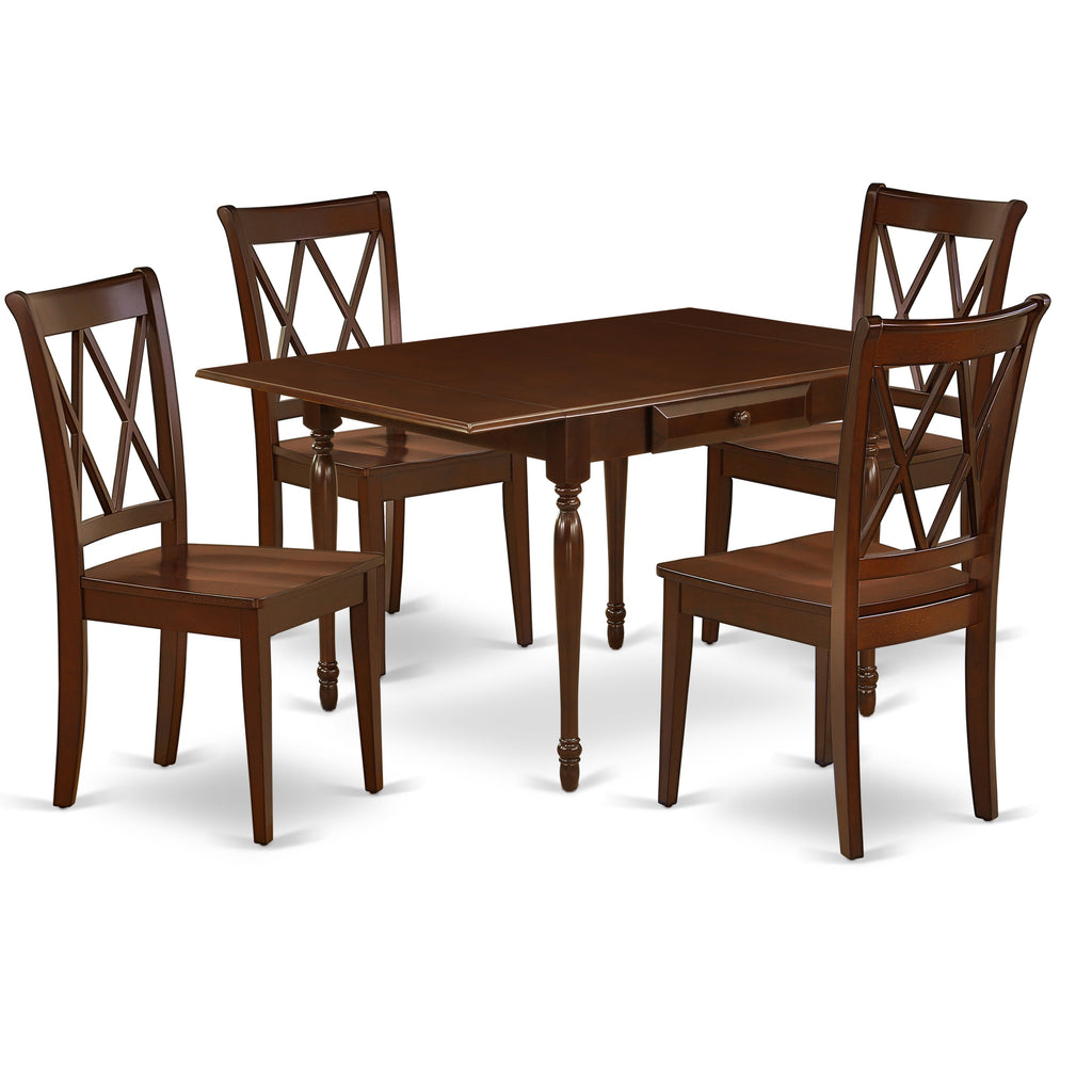 East West Furniture MZCL5-MAH-W 5 Piece Dining Room Table Set Includes a Rectangle Dining Table with Dropleaf and 4 Wood Seat Chairs, 36x54 Inch, Mahogany