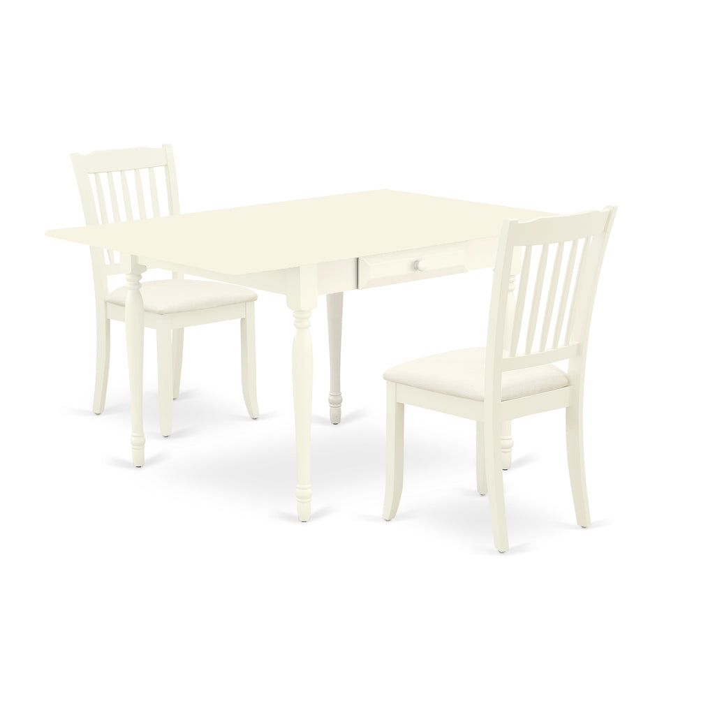 East West Furniture MZDA3-LWH-C 3 Piece Dining Room Table Set  Contains a Rectangle Kitchen Table with Dropleaf and 2 Linen Fabric Upholstered Dining Chairs, 36x54 Inch, Linen White