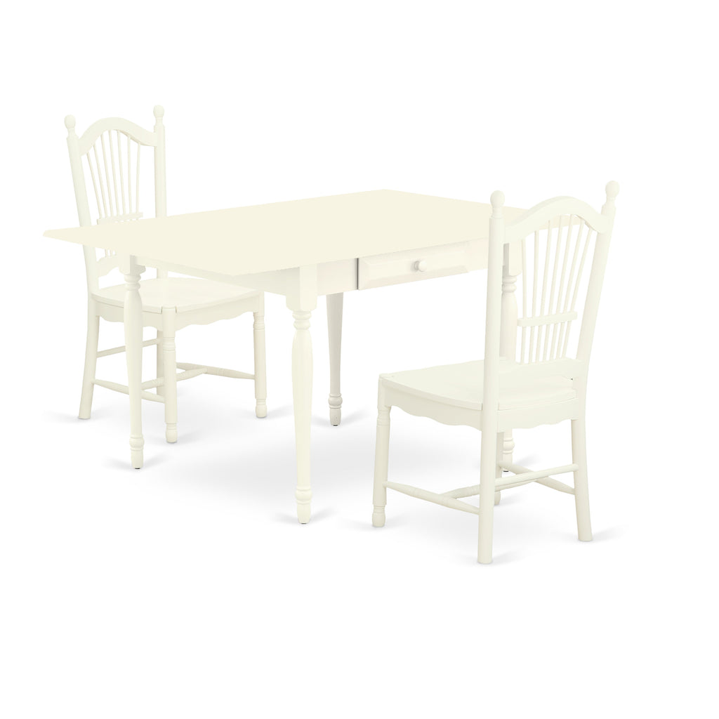 East West Furniture MZDO3-LWH-W 3 Piece Dining Set Contains a Rectangle Dining Room Table with Dropleaf and 2 Wood Seat Chairs, 36x54 Inch, Linen White