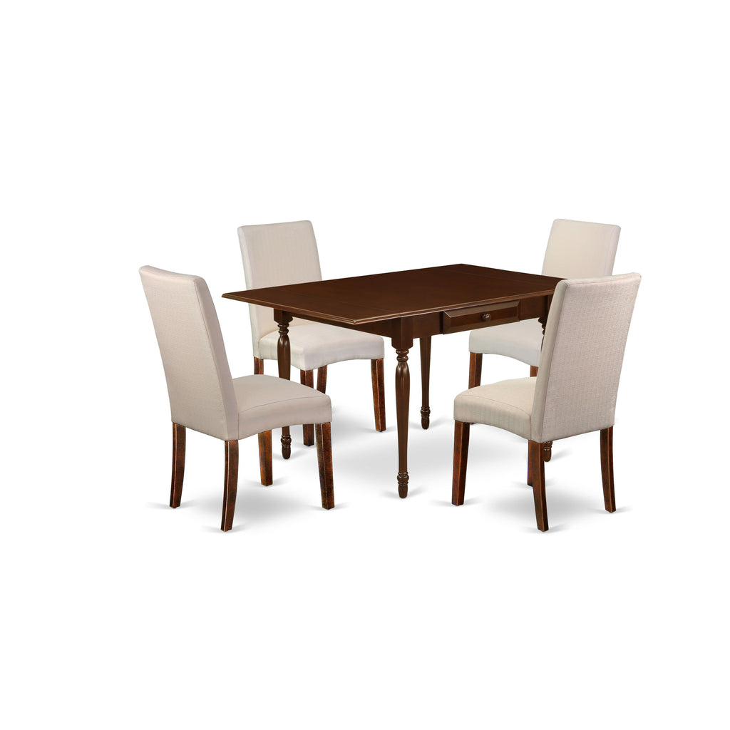 East West Furniture MZDR5-MAH-01 5 Piece Kitchen Table Set for 4 Includes a Rectangle Dining Room Table with Dropleaf and 4 Cream Linen Fabric Upholstered Chairs, 36x54 Inch, Mahogany