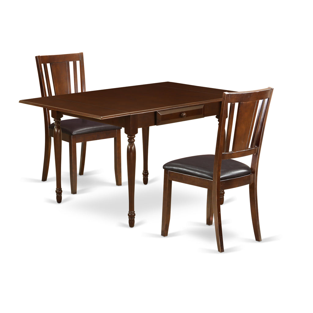 East West Furniture MZDU3-MAH-LC 3 Piece Dining Table Set for Small Spaces Contains a Rectangle Dining Room Table with Dropleaf and 2 Faux Leather Upholstered Chairs, 36x54 Inch, Mahogany