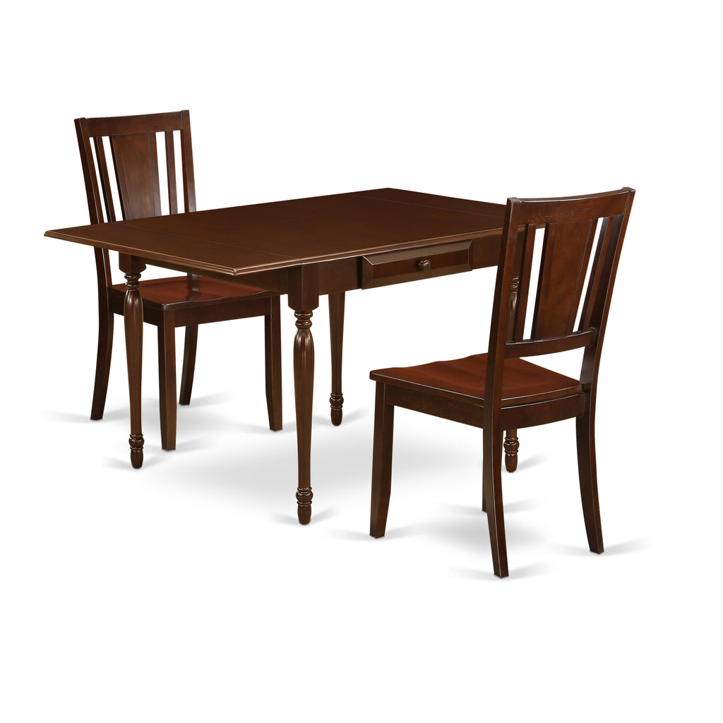 East West Furniture MZDU3-MAH-W 3 Piece Dining Table Set for Small Spaces Contains a Rectangle Dining Room Table with Dropleaf and 2 Wooden Seat Chairs, 36x54 Inch, Mahogany