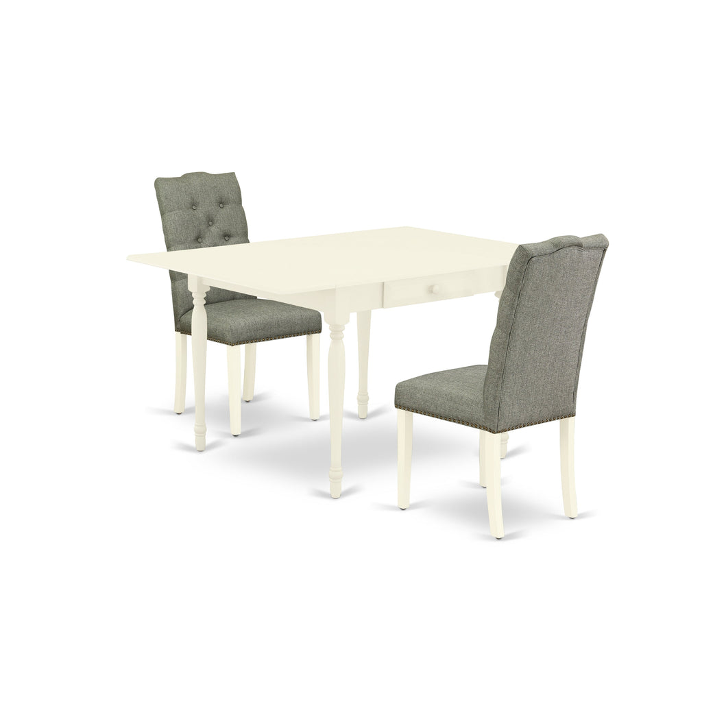 East West Furniture MZEL3-LWH-07 3 Piece Modern Dining Table Set Contains a Rectangle Wooden Table with Dropleaf and 2 Gray Linen Fabric Parson Dining Chairs, 36x54 Inch, Linen White