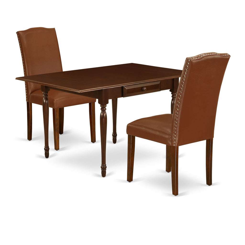 East West Furniture MZEN3-MAH-66 3 Piece Dining Room Table Set  Contains a Rectangle Kitchen Table with Dropleaf and 2 Brown Faux Faux Leather Parson Dining Chairs, 36x54 Inch, Mahogany