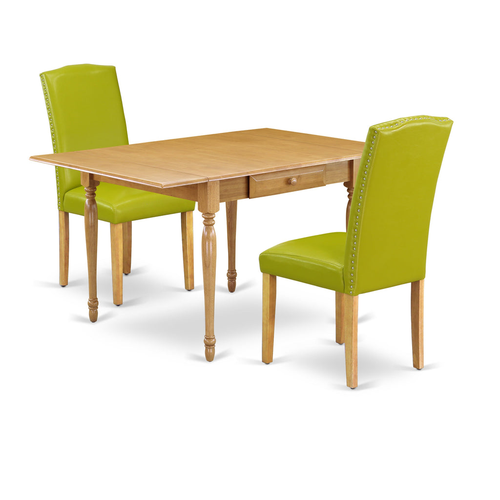 East West Furniture MZEN3-OAK-51 3 Piece Dining Room Table Set  Contains a Rectangle Dining Table with Dropleaf and 2 Autumn Green Faux Leather Upholstered Chairs, 36x54 Inch, Oak