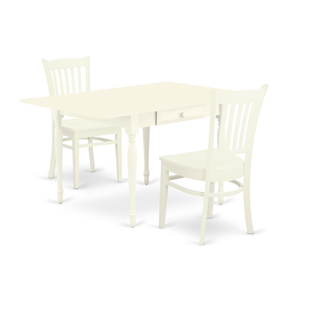 East West Furniture MZGR3-LWH-W 3 Piece Kitchen Table & Chairs Set Contains a Rectangle Dining Table with Dropleaf and 2 Dining Room Chairs, 36x54 Inch, Linen White