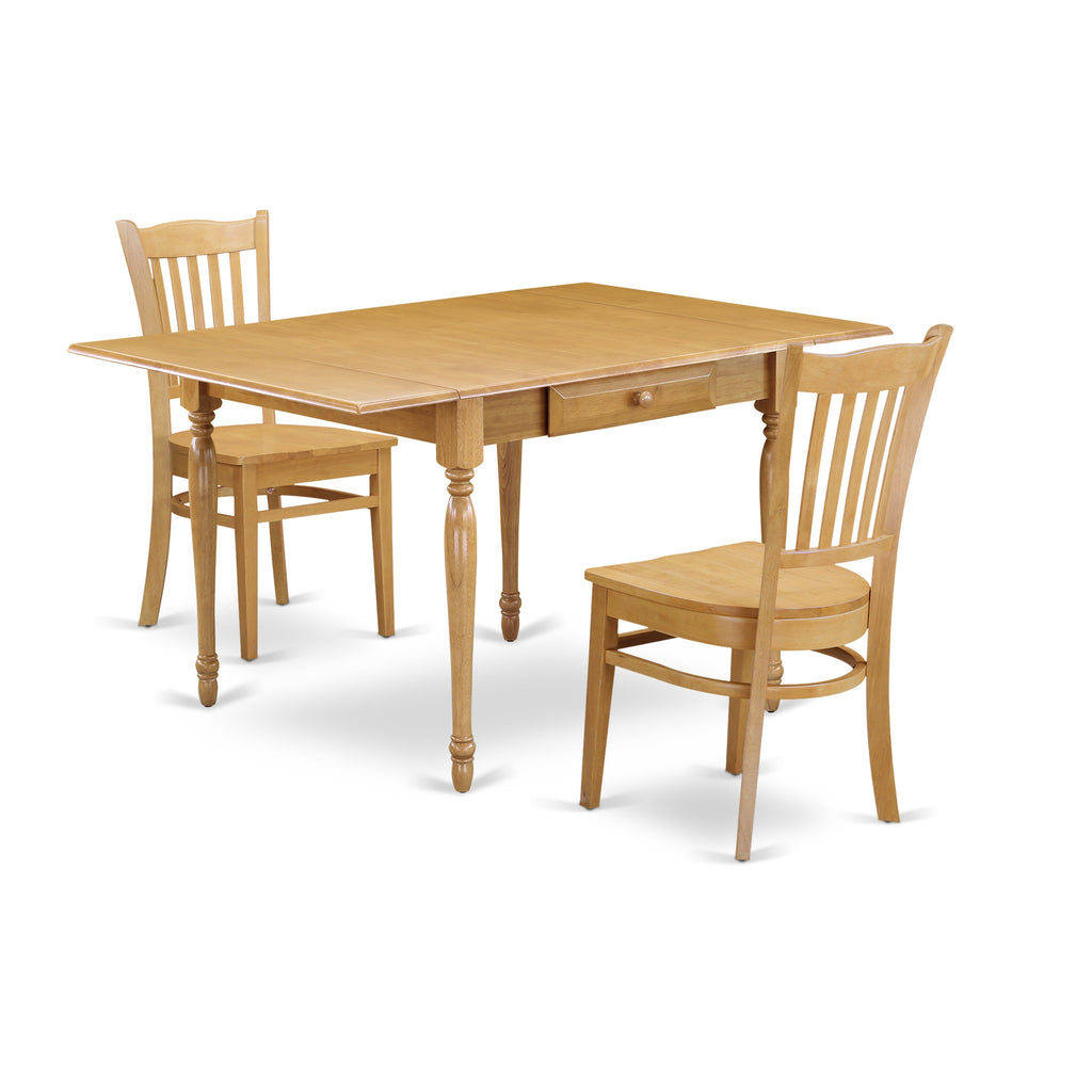 East West Furniture MZGR3-OAK-W 3 Piece Dining Room Furniture Set Contains a Rectangle Dining Table with Dropleaf and 2 Wood Seat Chairs, 36x54 Inch, Oak