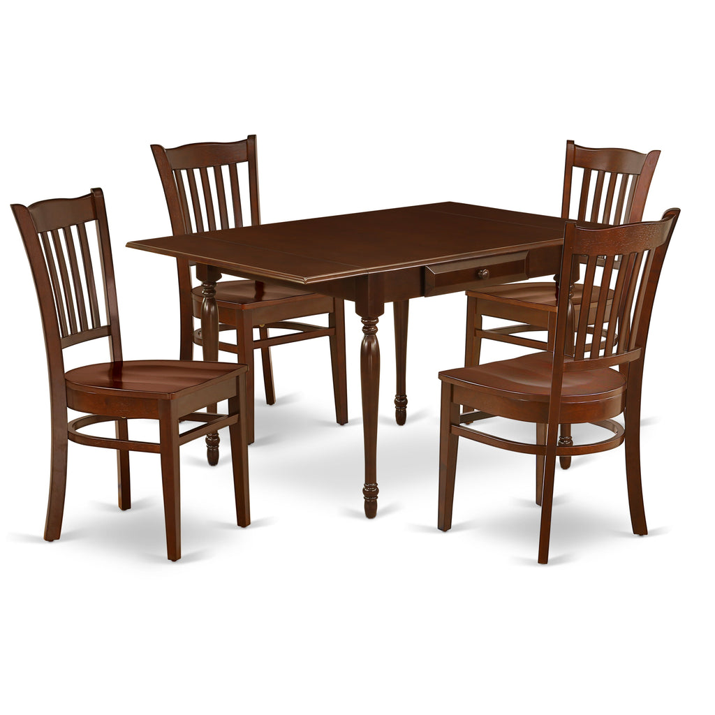 East West Furniture MZGR5-MAH-W 5 Piece Modern Dining Table Set Includes a Rectangle Wooden Table with Dropleaf and 4 Dining Room Chairs, 36x54 Inch, Mahogany