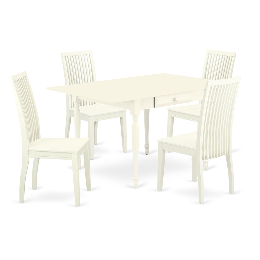 East West Furniture MZIP5-LWH-W 5 Piece Dinette Set for 4 Includes a Rectangle Dining Room Table with Dropleaf and 4 Kitchen Dining Chairs, 36x54 Inch, Linen White