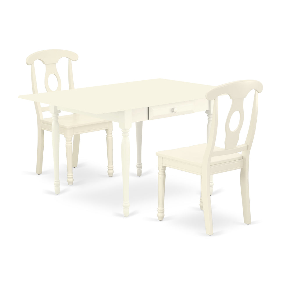 East West Furniture MZKE3-LWH-W 3 Piece Kitchen Table & Chairs Set Contains a Rectangle Dining Table with Dropleaf and 2 Dining Room Chairs, 36x54 Inch, Linen White