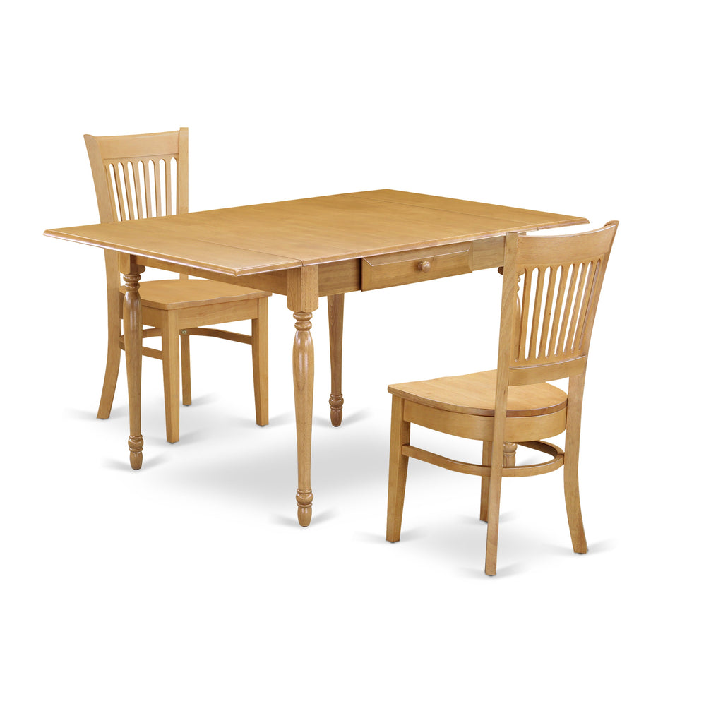 East West Furniture MZVA3-OAK-W 3 Piece Dining Room Table Set  Contains a Rectangle Kitchen Table with Dropleaf and 2 Dining Chairs, 36x54 Inch, Oak