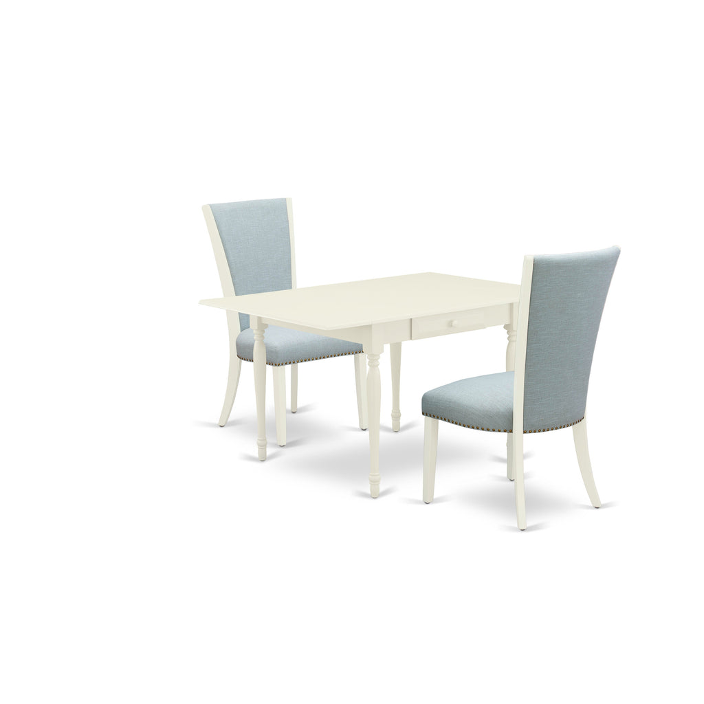 East West Furniture MZVE3-LWH-15 3 Piece Dining Room Table Set  Contains a Rectangle Kitchen Table with Dropleaf and 2 Baby Blue Linen Fabric Parson Dining Chairs, 36x54 Inch, Linen White