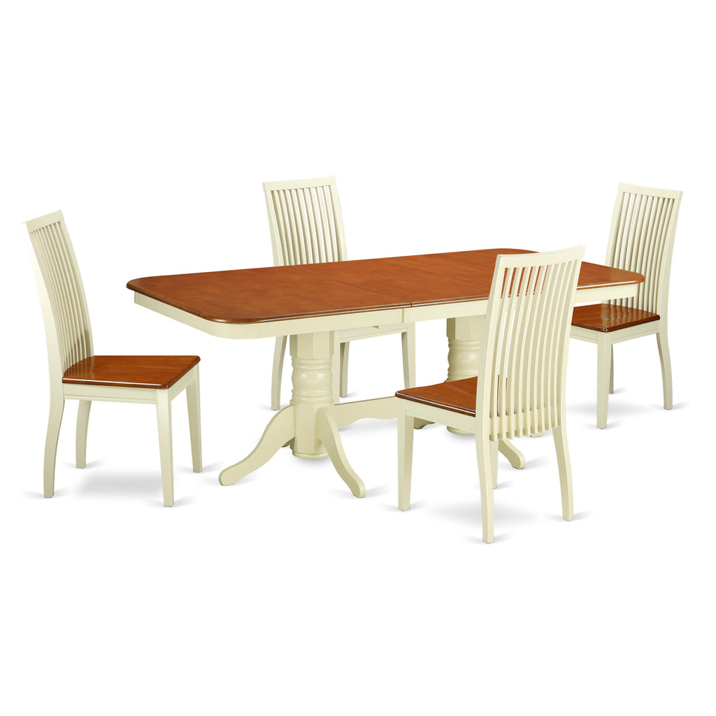 East West Furniture NAIP5-BMK-W 5 Piece Kitchen Table Set for 4 Includes a Rectangle Dining Room Table with Butterfly Leaf and 4 Solid Wood Seat Chairs, 40x78 Inch, Buttermilk & Cherry