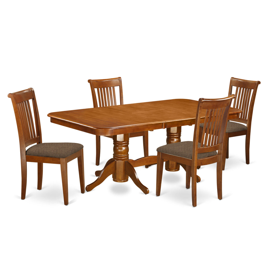 East West Furniture NAPO5-SBR-C 5 Piece Dining Room Furniture Set Includes a Rectangle Kitchen Table with Butterfly Leaf and 4 Linen Fabric Upholstered Chairs, 40x78 Inch, Saddle Brown