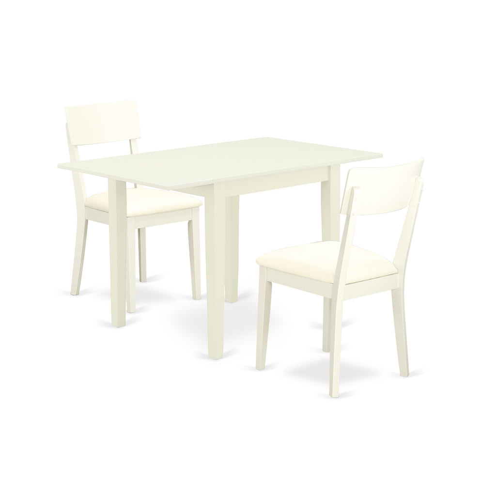 East West Furniture NDAD3-LWH-LC 3 Piece Dining Room Furniture Set Contains a Rectangle Dining Table with Dropleaf and 2 Faux Leather Upholstered Chairs, 30x48 Inch, Linen White